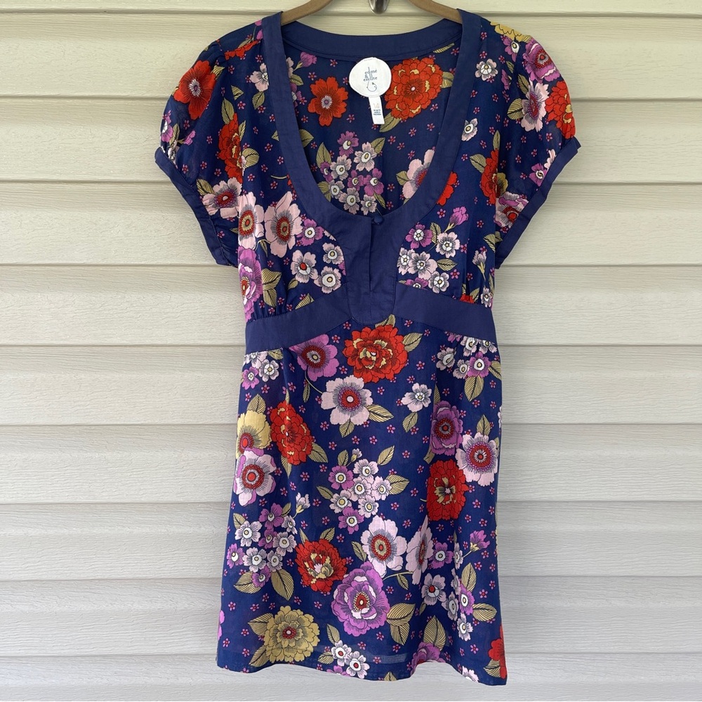 Edme & Esyllte Anthropologie Multicolor Navy Floral Tie Tunic Top Size 14
